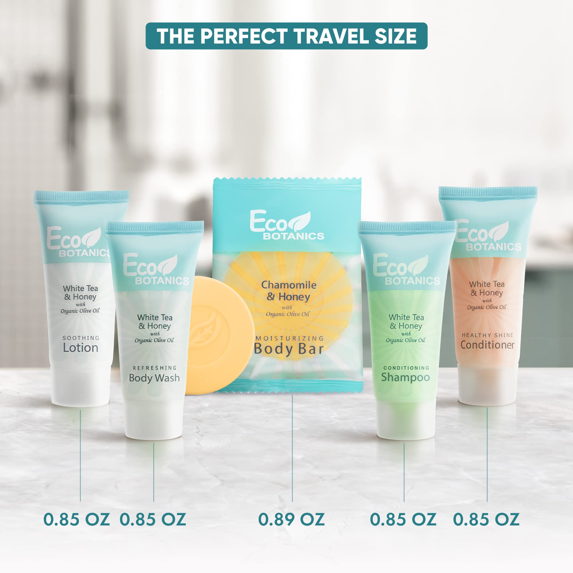 Terra Pure Travel Size Hotel Toiletry Set – 150 Count, White Tea Scent, Aloe & Olive Oil, Paraben Free