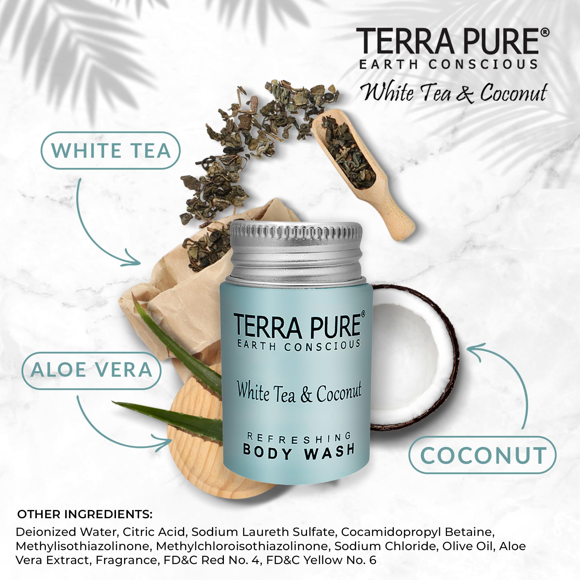 Terra Pure Travel Size Hotel Body Wash – 100 Count 1 oz Bottles | Paraben Free, White Tea & Coconut, Aloe & Olive Oil