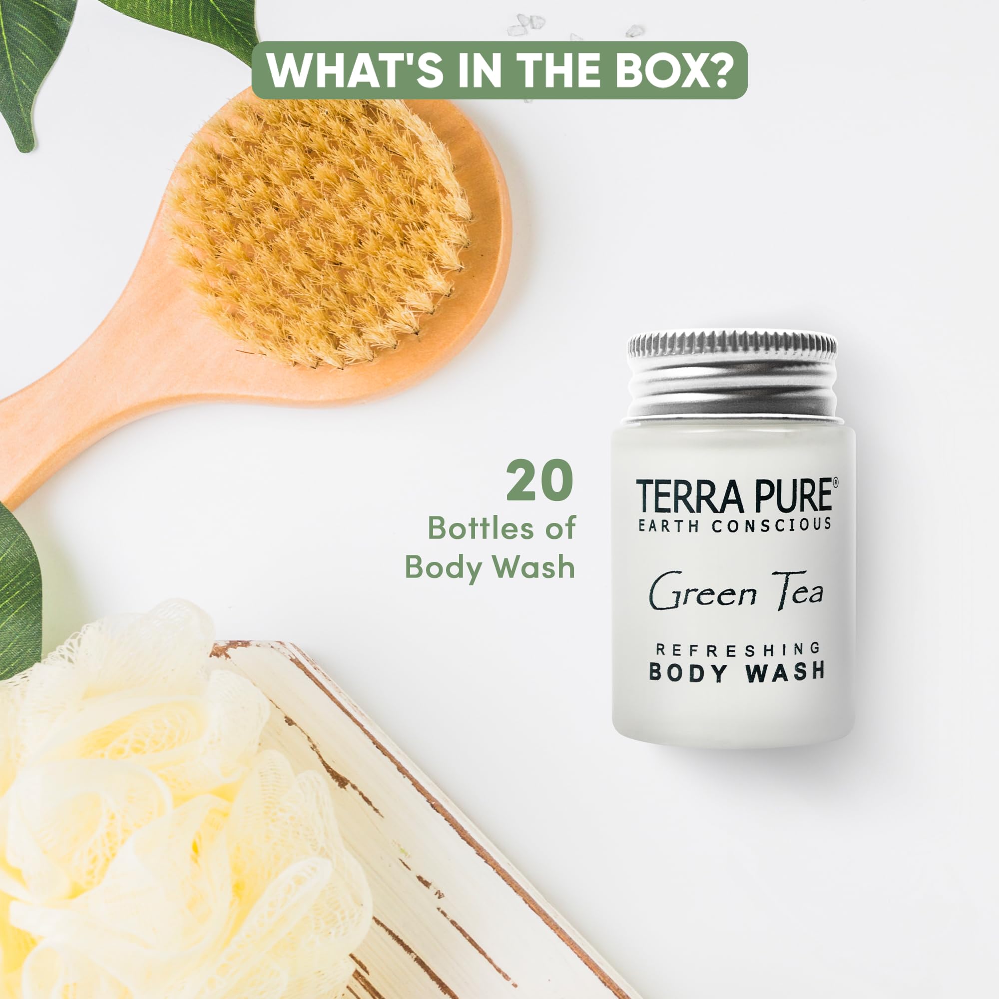 Terra Pure Travel Size Hotel Body Wash – 20 x 1oz Bottles, Green Tea, Aloe & Olive Oil