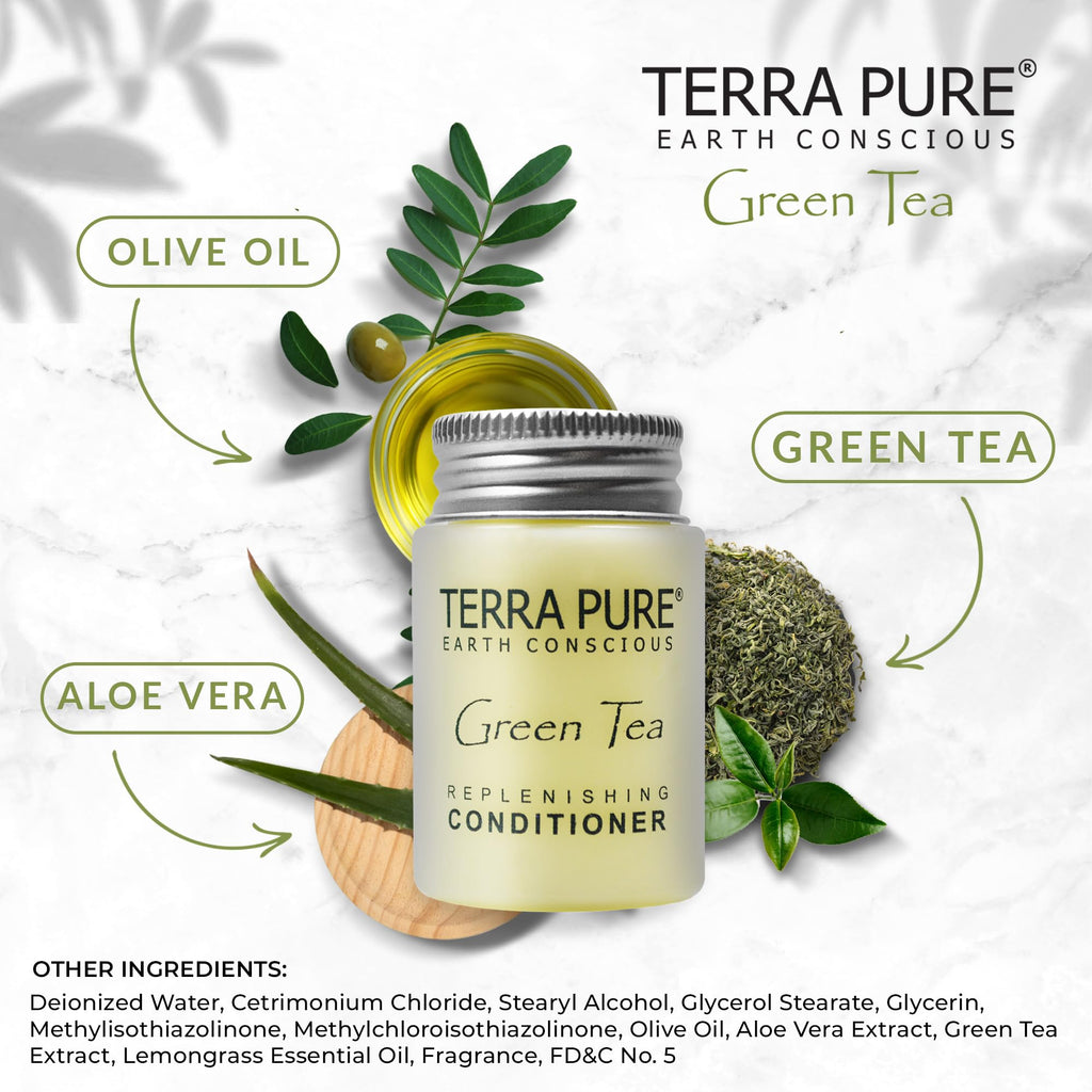 Terra Pure Travel Size Hotel Conditioner – 20 x 1 oz Bottles, Green Tea Scent, Aloe & Olive Oil