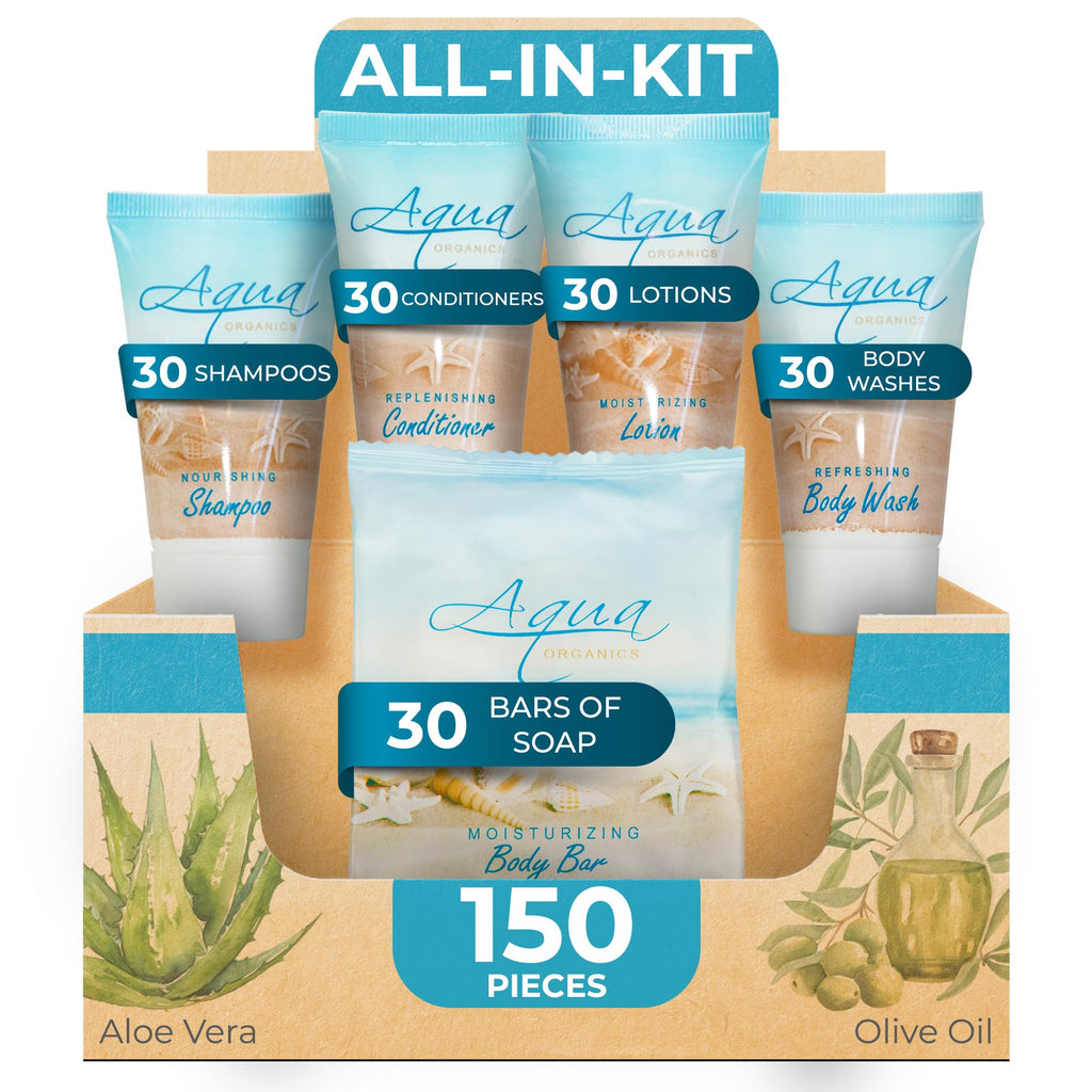 Terra Pure Aqua Organics Hotel Soaps & Toiletries Bulk Set – 150 Travel-Size Pieces (1oz Each)