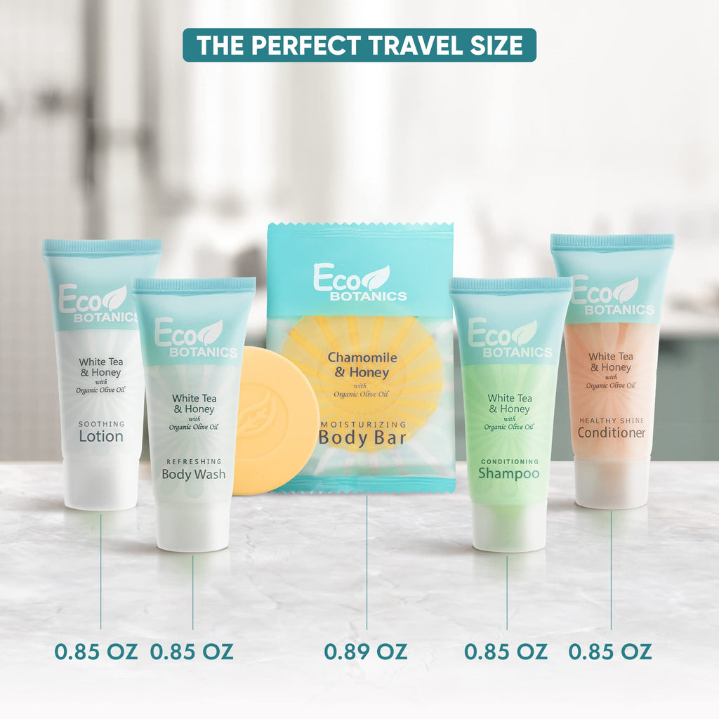 Terra Pure Travel Size Hotel Toiletry Set – 75 Count, 0.85 oz Bottles, White Tea, Aloe & Olive Oil