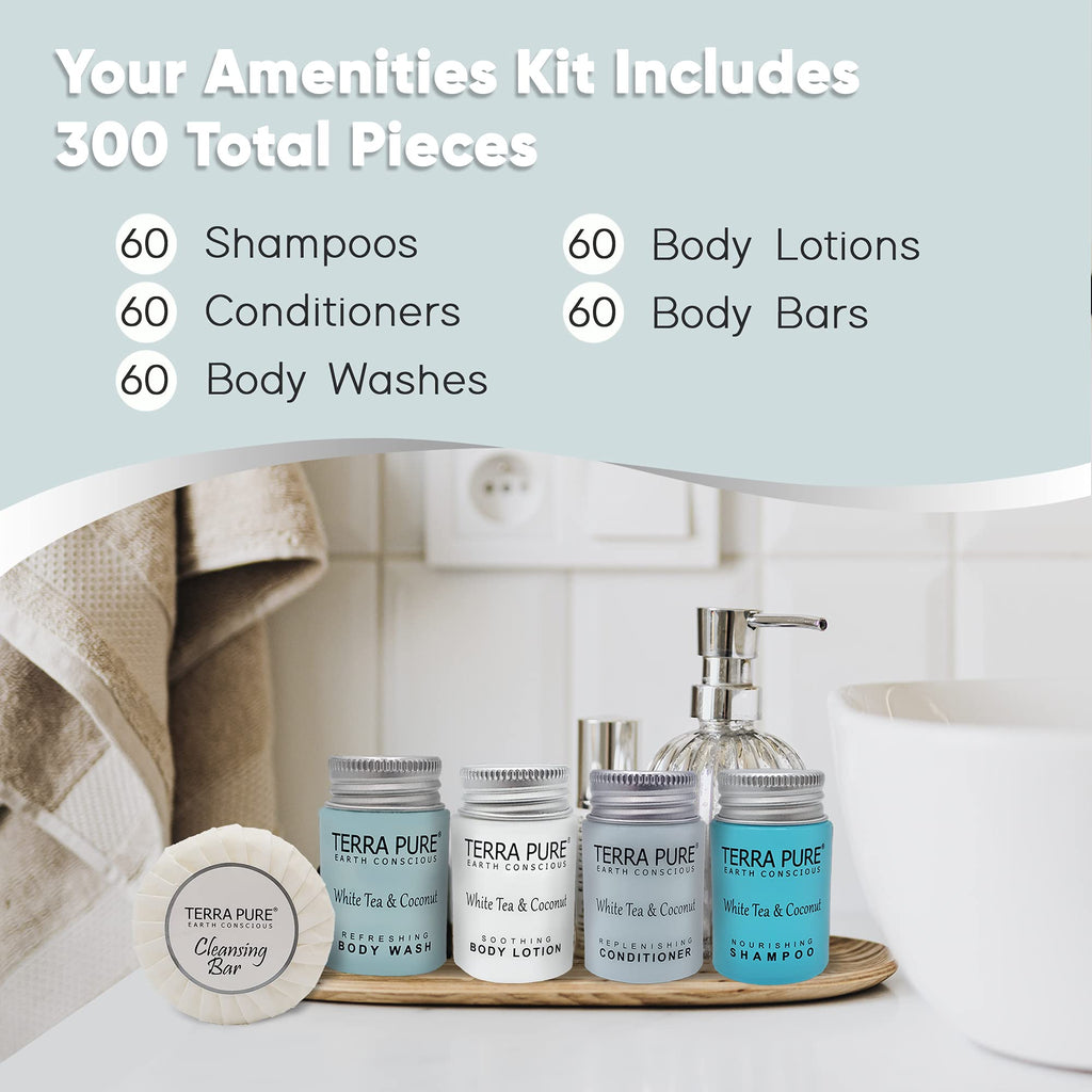Terra Pure White Tea & Coconut Hotel Toiletries Set – 300-Piece Travel Amenities Kit