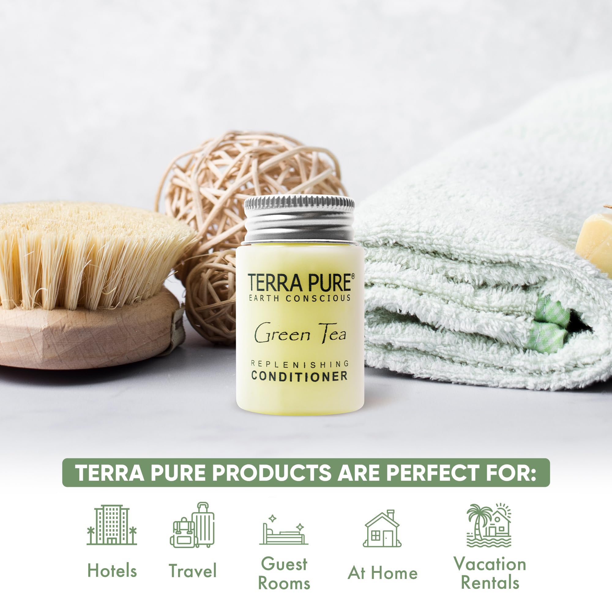 Terra Pure Travel Size Hotel Conditioner – 20 x 1 oz Bottles, Green Tea Scent, Aloe & Olive Oil