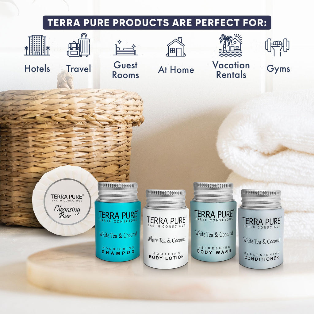 Terra Pure White Tea & Coconut Hotel Toiletries Set – 300-Piece Travel Amenities Kit