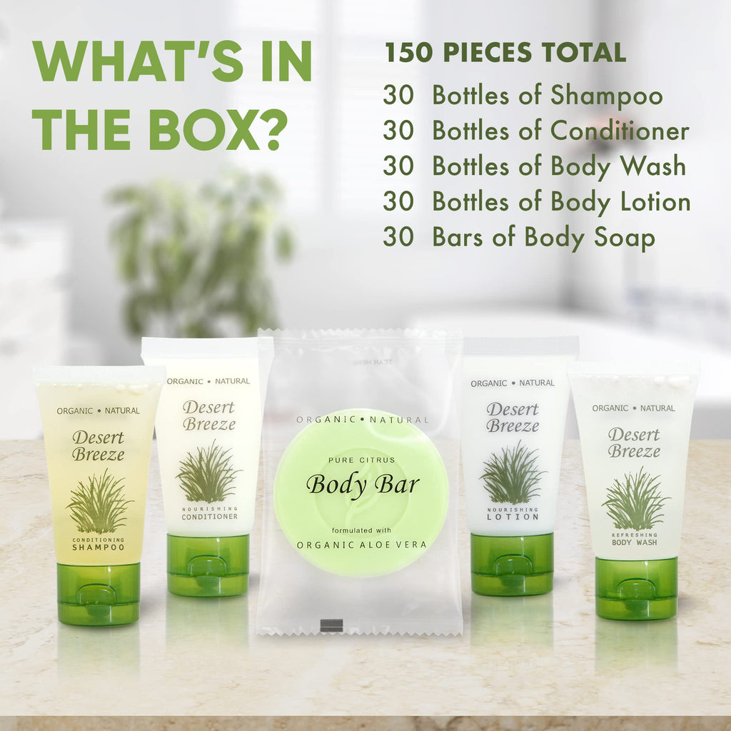 Terra Pure Desert Breeze Travel Size Hotel Toiletry Set – 150 Count, 1 oz Bottles, Aloe & Olive Oil, Paraben Free