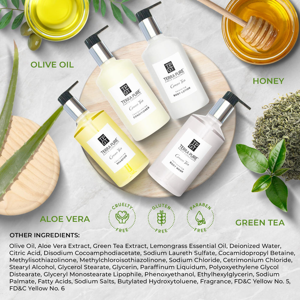 Terra Pure Ecobox Amenities Kit – Green Tea Soap, Shampoo, Conditioner, Body Lotion & Body Wash (10.14 oz) | Hotel Bulk