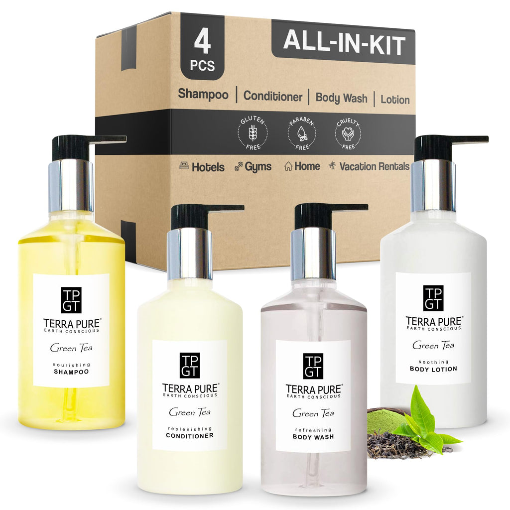 Terra Pure Ecobox Amenities Kit – Green Tea Soap, Shampoo, Conditioner, Body Lotion & Body Wash (10.14 oz) | Hotel Bulk