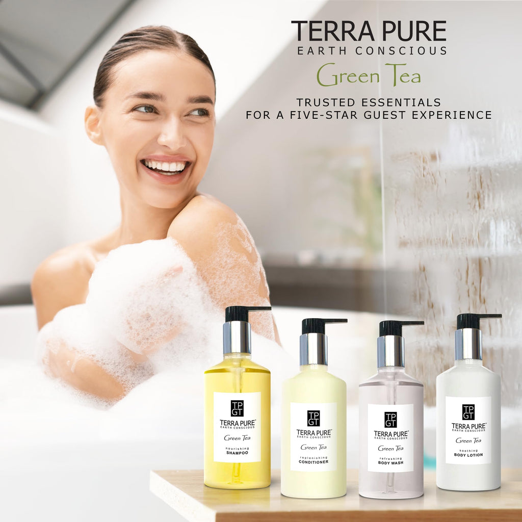 Terra Pure Ecobox Amenities Kit – Green Tea Soap, Shampoo, Conditioner, Body Lotion & Body Wash (10.14 oz) | Hotel Bulk
