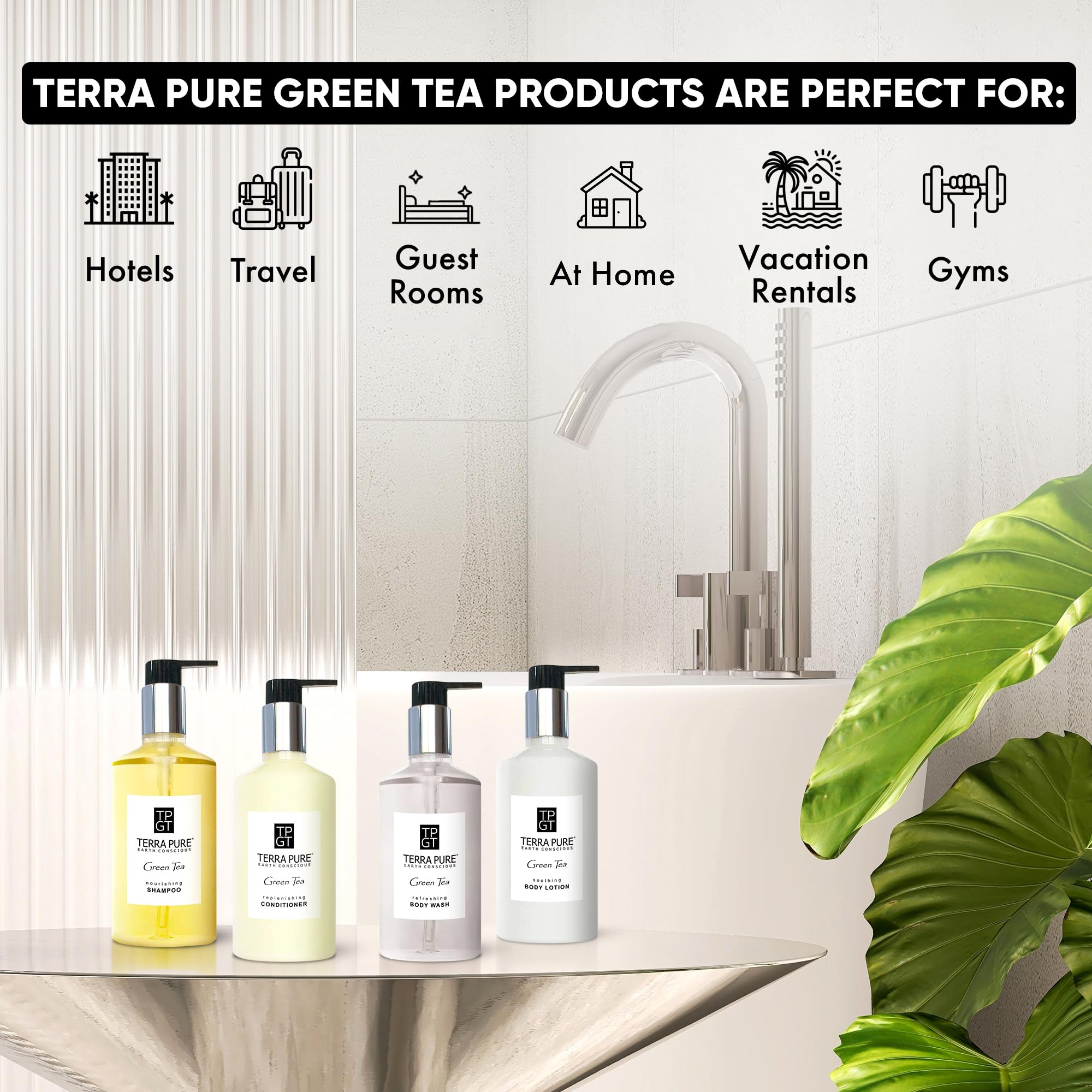 Terra Pure Ecobox Amenities Kit – Green Tea Soap, Shampoo, Conditioner, Body Lotion & Body Wash (10.14 oz) | Hotel Bulk