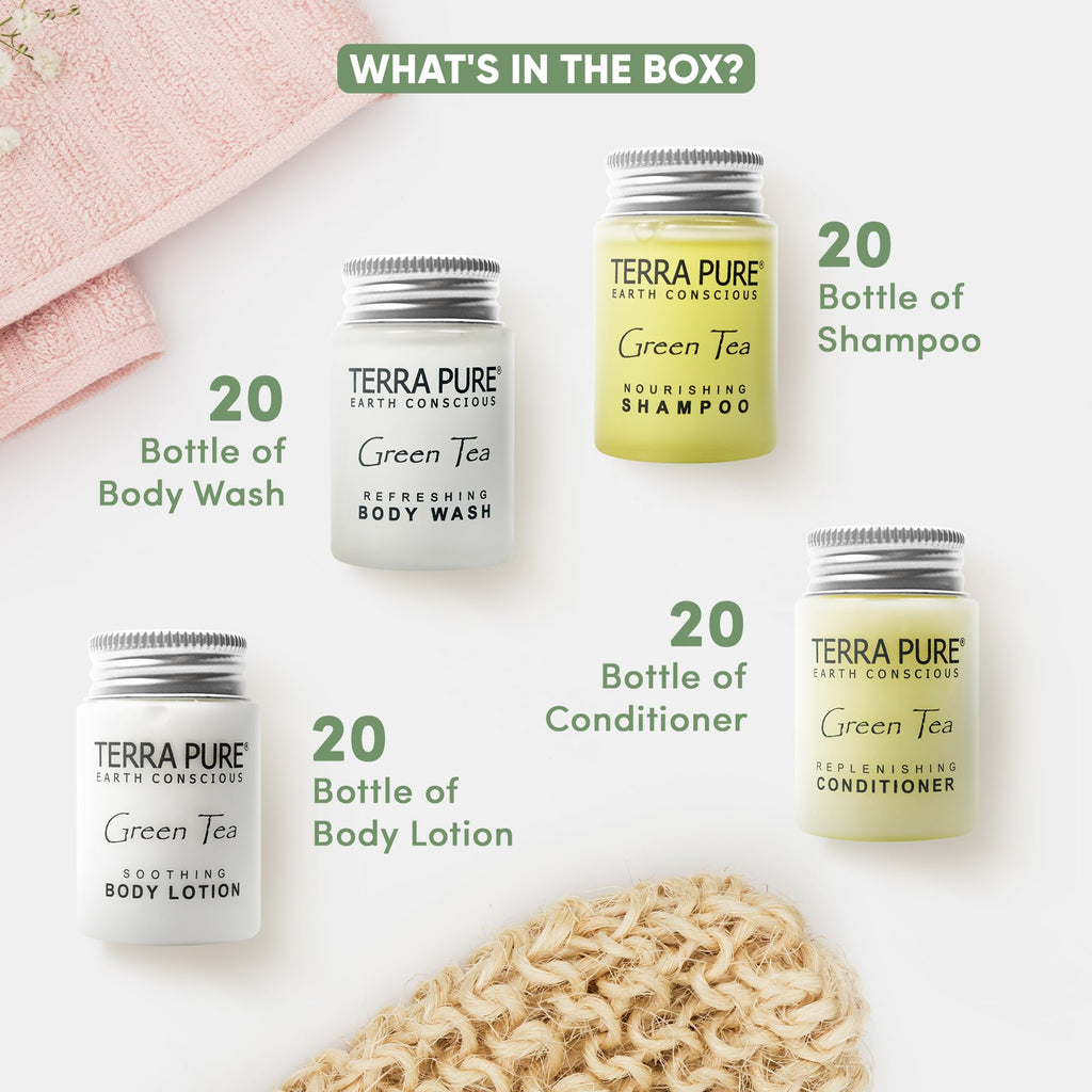 Terra Pure Green Tea Toiletries Set — 80-Piece Hotel Amenities Kit (Travel Size)