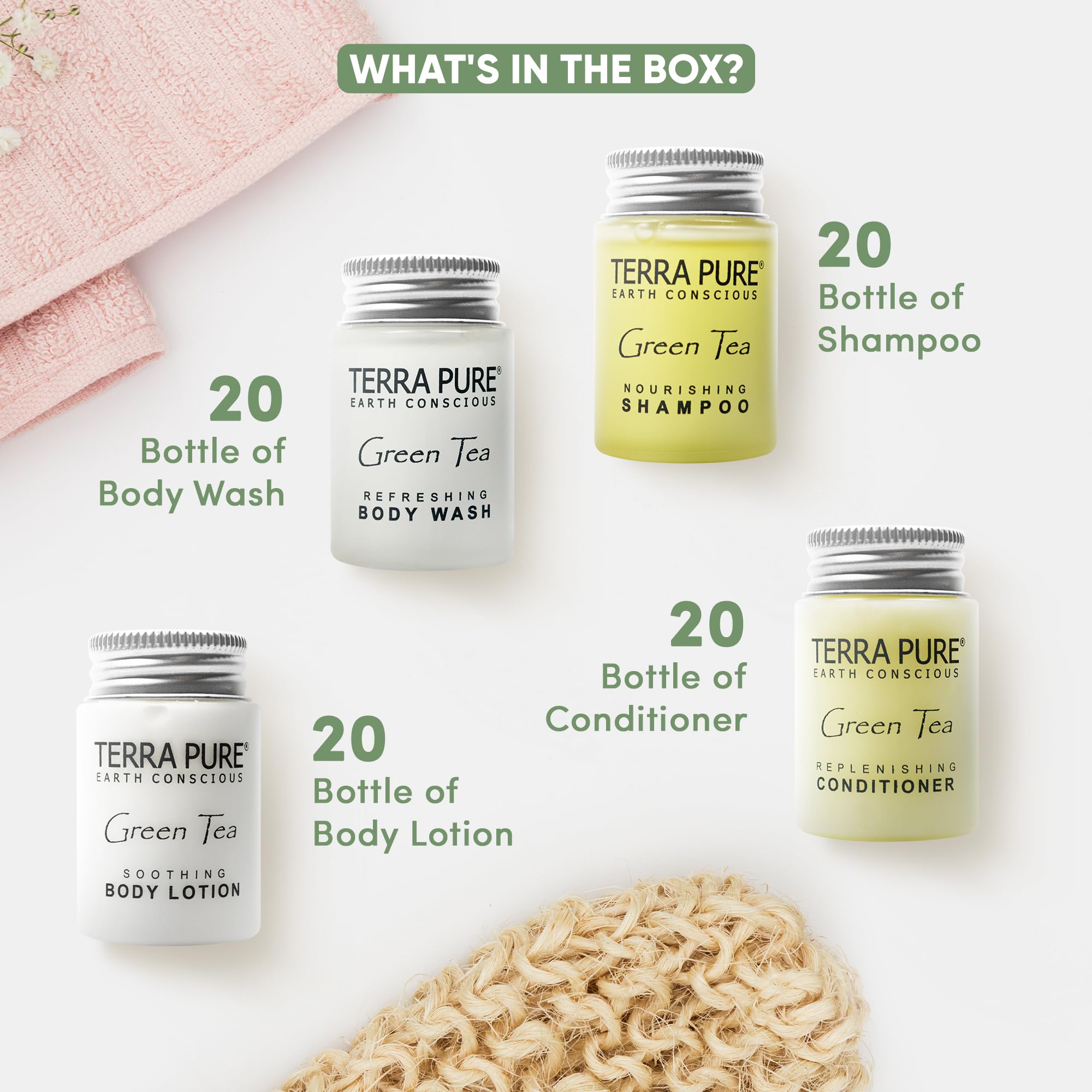 Terra Pure Green Tea Toiletries Set — 80-Piece Hotel Amenities Kit (Travel Size)