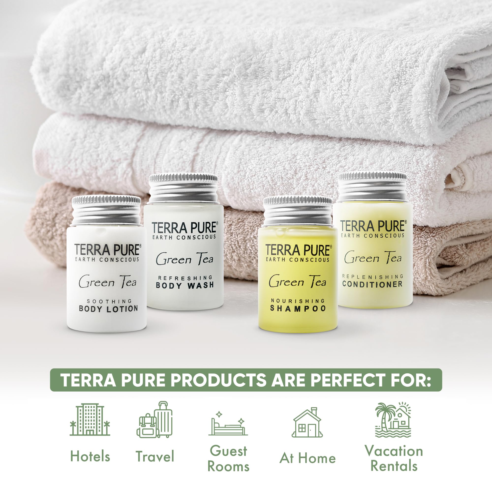 Terra Pure Green Tea Toiletries Set — 80-Piece Hotel Amenities Kit (Travel Size)