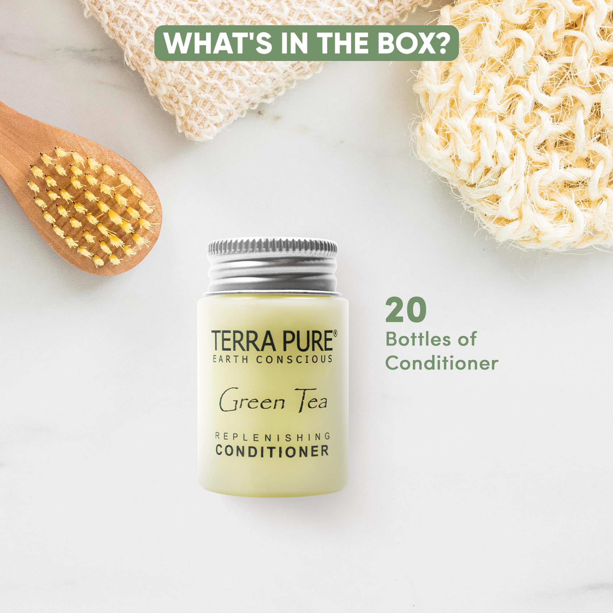 Terra Pure Travel Size Hotel Conditioner – 20 x 1 oz Bottles, Green Tea Scent, Aloe & Olive Oil