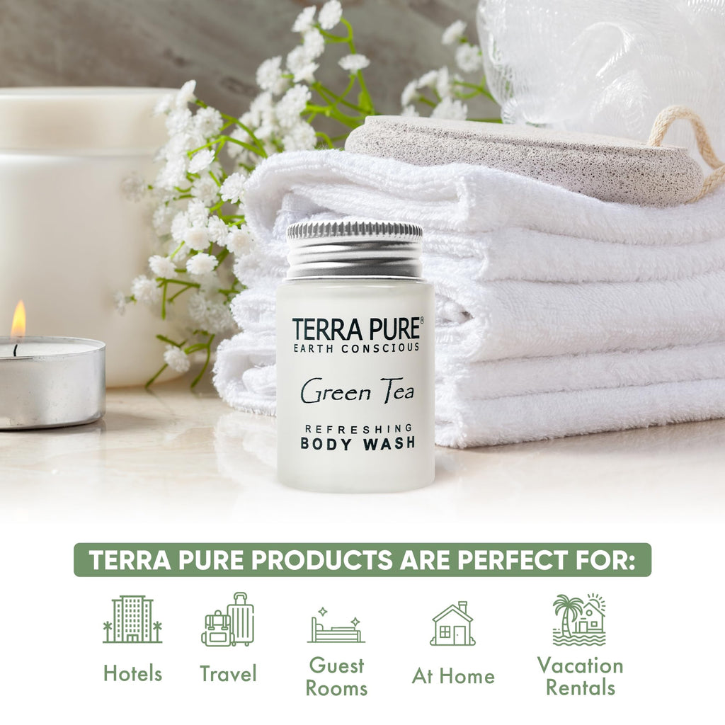 Terra Pure Travel Size Hotel Body Wash – 20 x 1oz Bottles, Green Tea, Aloe & Olive Oil