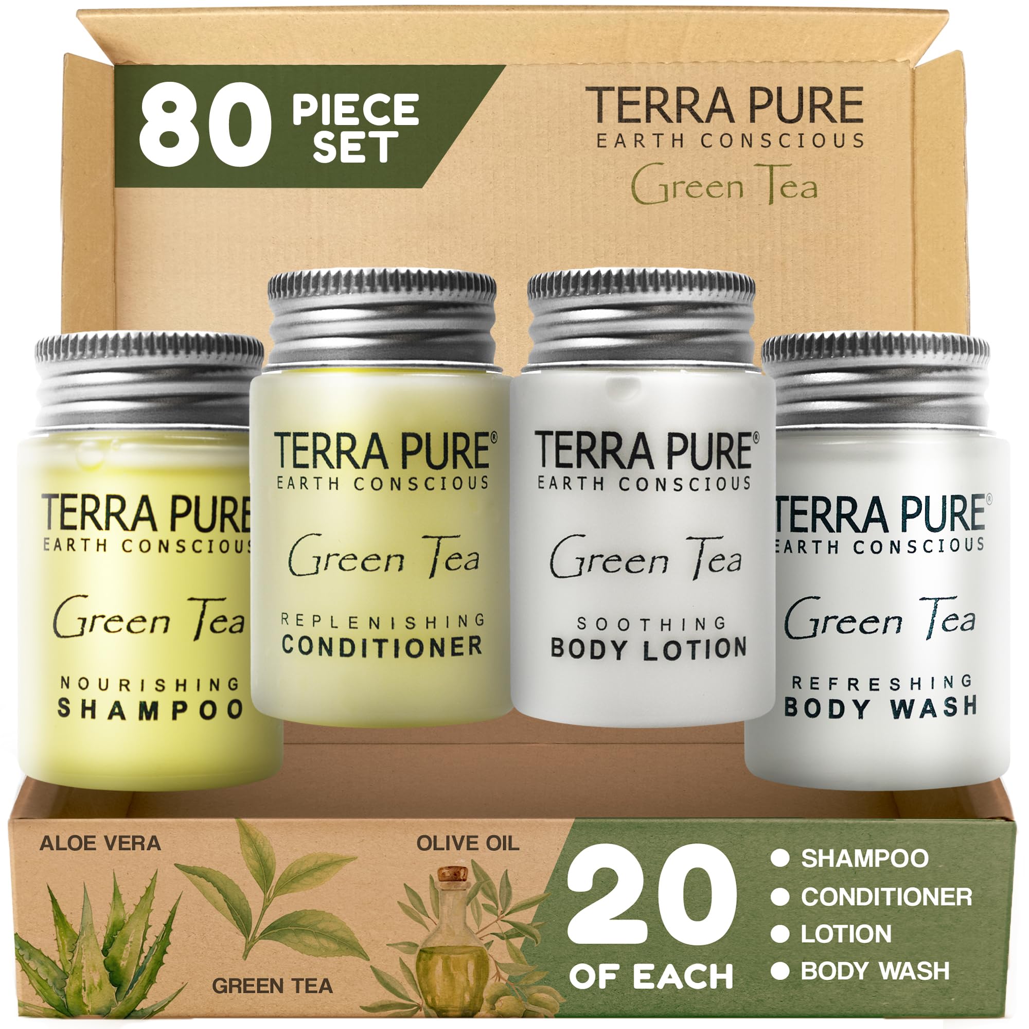 Terra Pure Green Tea Toiletries Set — 80-Piece Hotel Amenities Kit (Travel Size)