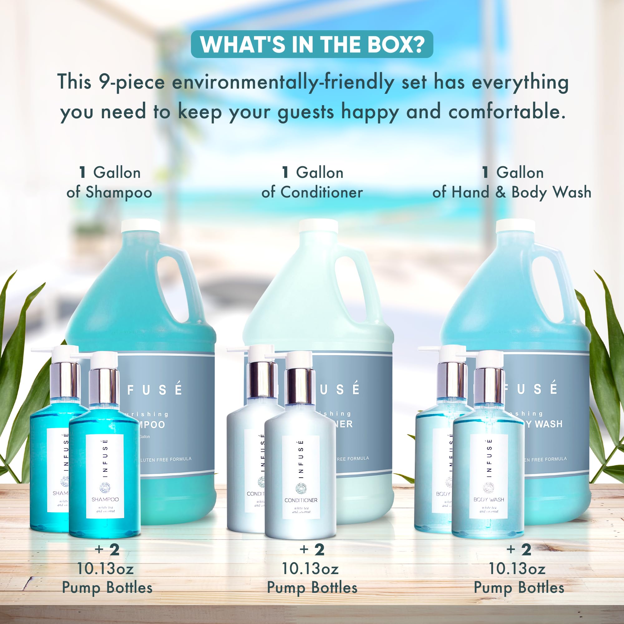 Terra Pure H2O Tropical Infuse Gallon Set & Dispenser — Hotel-Grade Shampoo, Conditioner & Body Wash