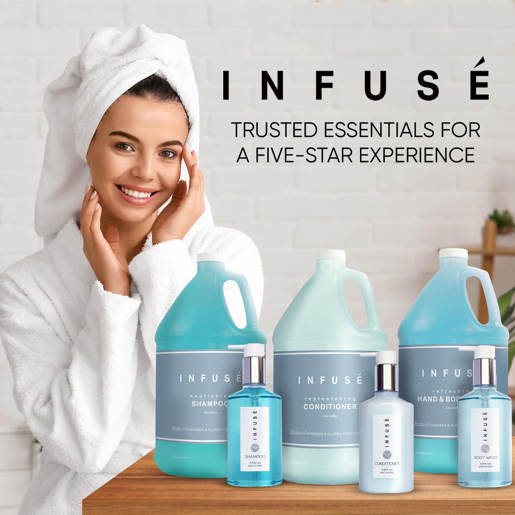 Terra Pure H2O Tropical Infuse Gallon Set & Dispenser — Hotel-Grade Shampoo, Conditioner & Body Wash