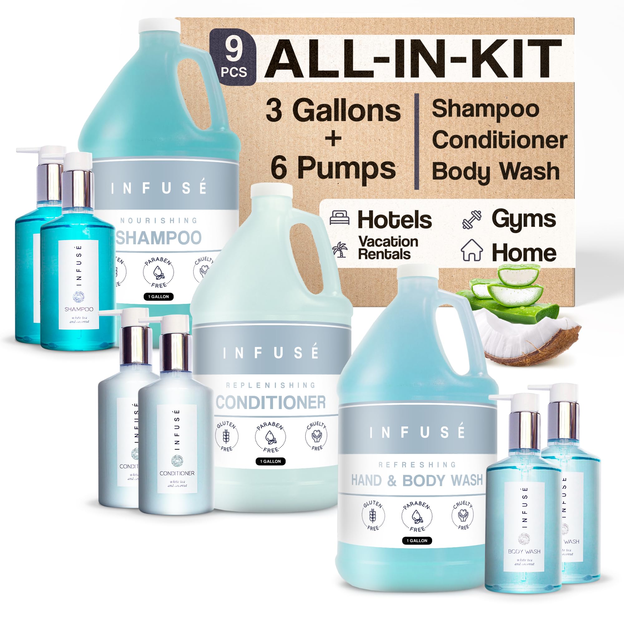 Terra Pure H2O Tropical Infuse Gallon Set & Dispenser — Hotel-Grade Shampoo, Conditioner & Body Wash