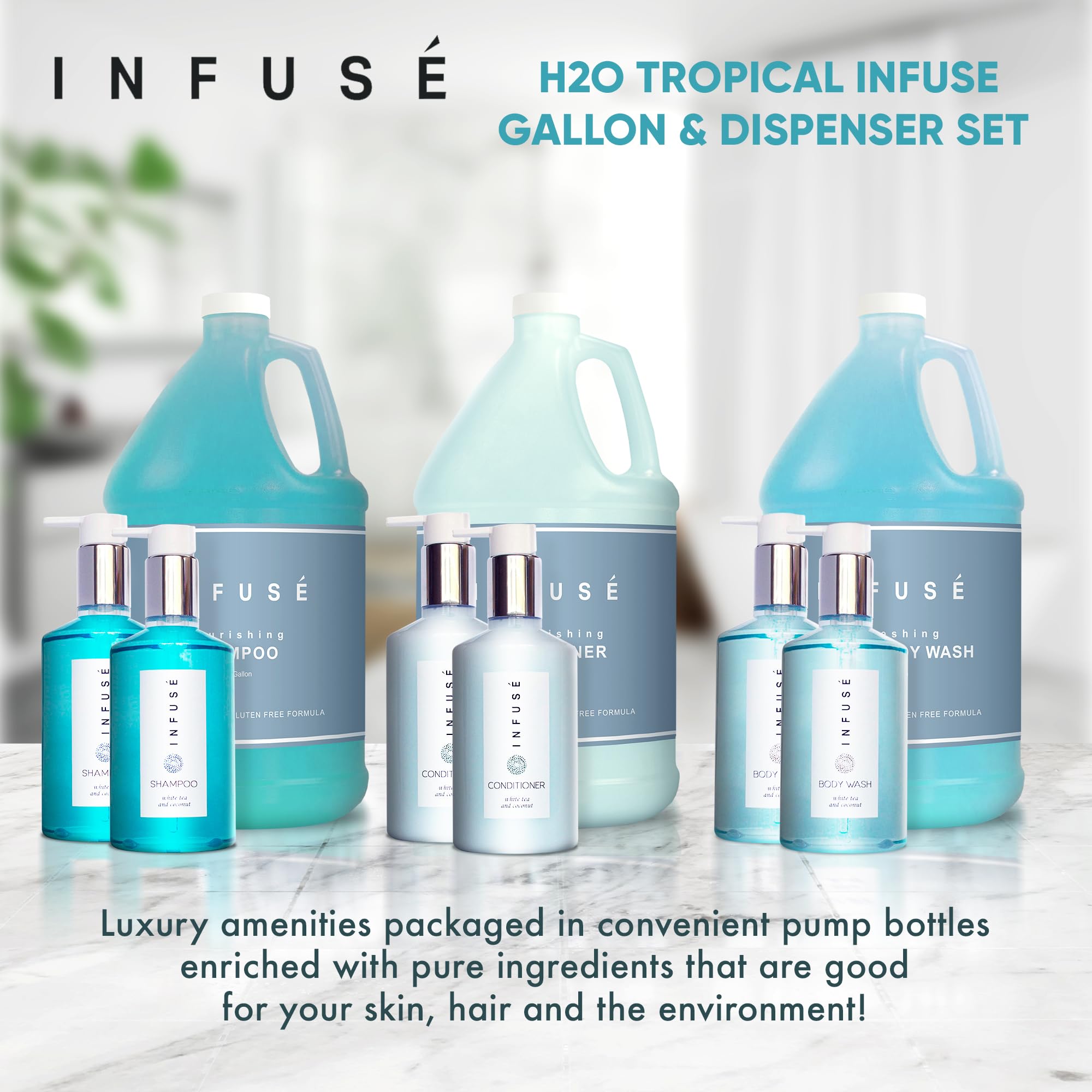 Terra Pure H2O Tropical Infuse Gallon Set & Dispenser — Hotel-Grade Shampoo, Conditioner & Body Wash