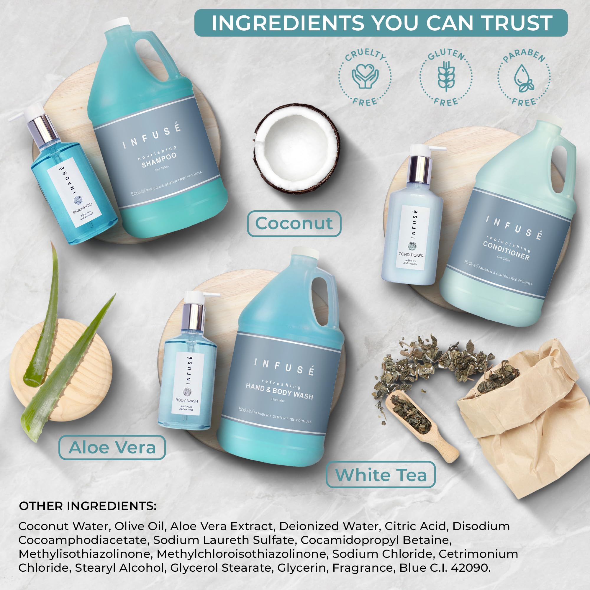 Terra Pure H2O Tropical Infuse Gallon Set & Dispenser — Hotel-Grade Shampoo, Conditioner & Body Wash
