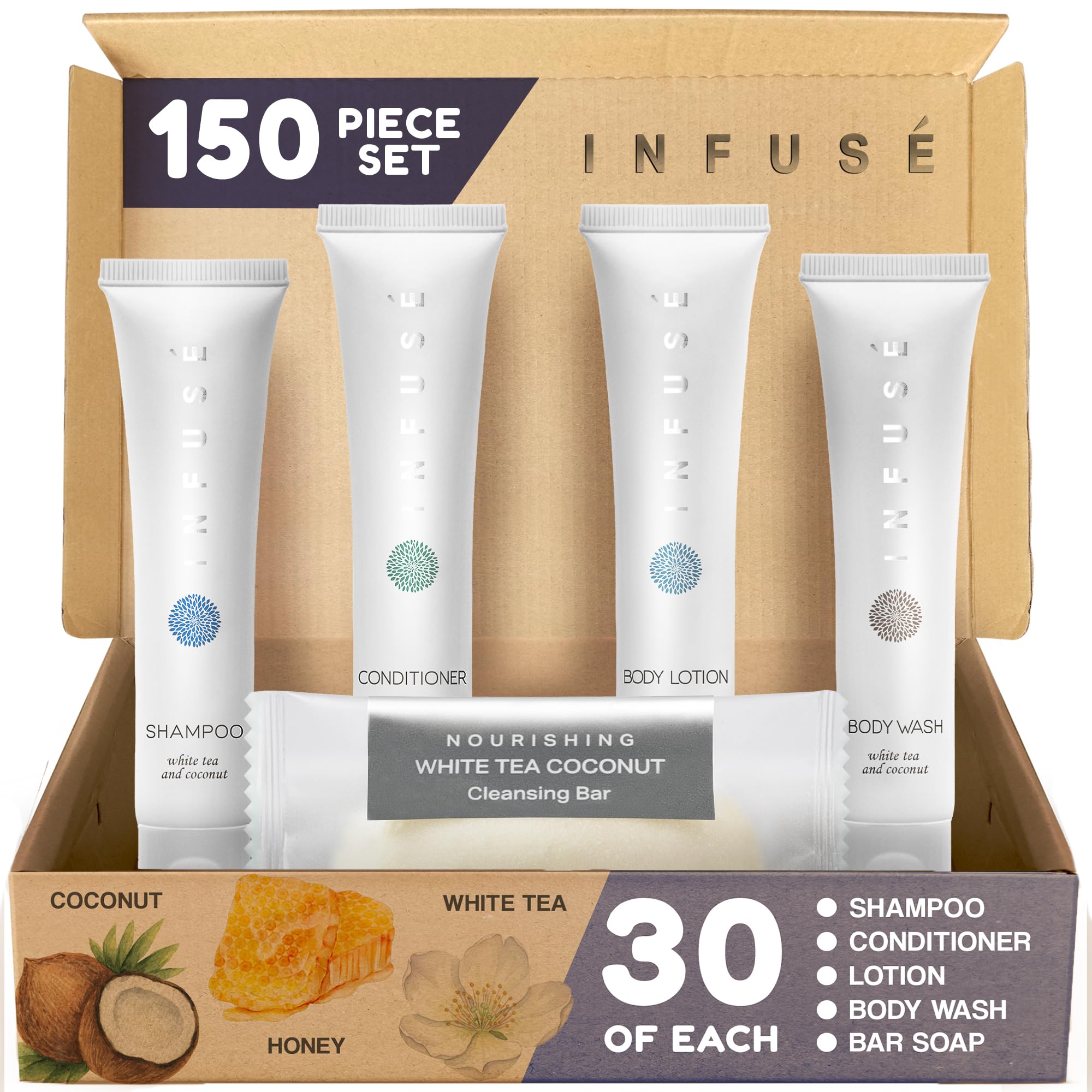 Terra Pure Infuse White Tea & Coconut Hotel Toiletries Bulk Set – 150 Travel-Size Pieces for Airbnb & Hotels
