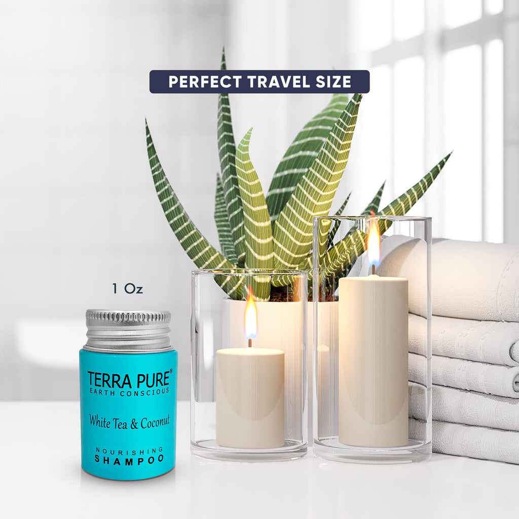 Terra Pure Travel Size Shampoo 300 x 1oz – White Tea & Coconut, Aloe Vera & Olive Oil