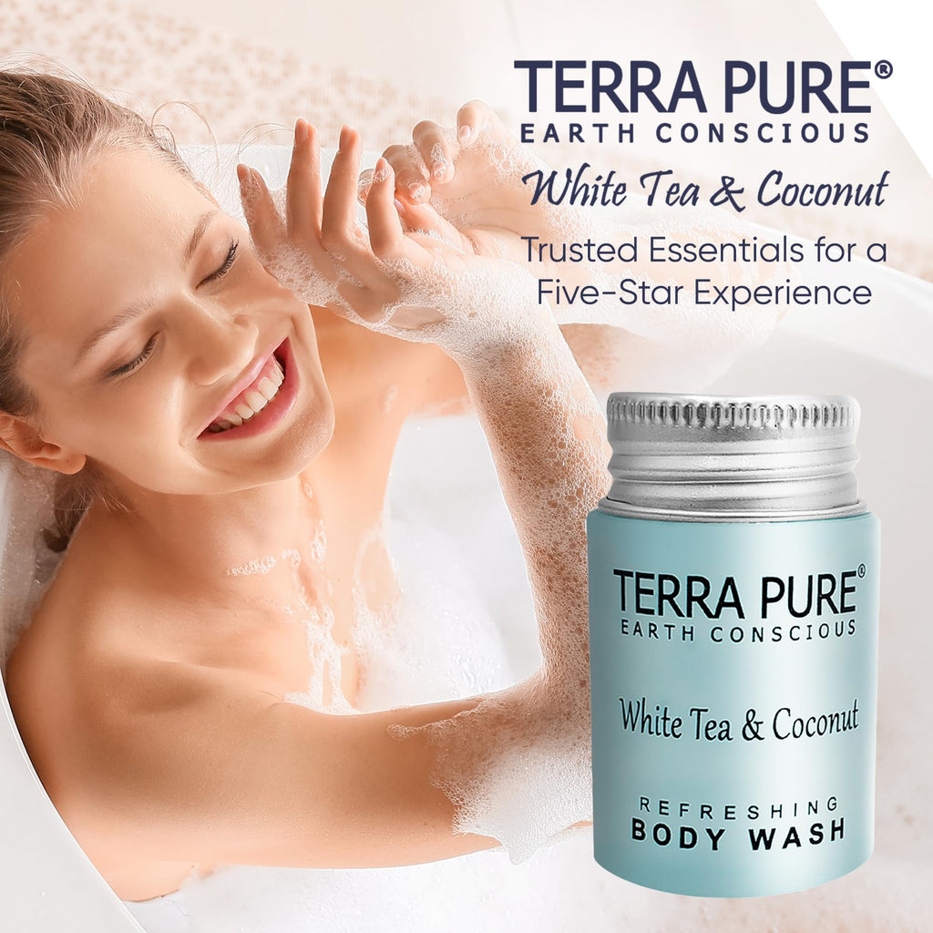 Terra Pure White Tea & Coconut Body Wash – Travel Size Hotel Amenities, 1 oz (Case of 300)