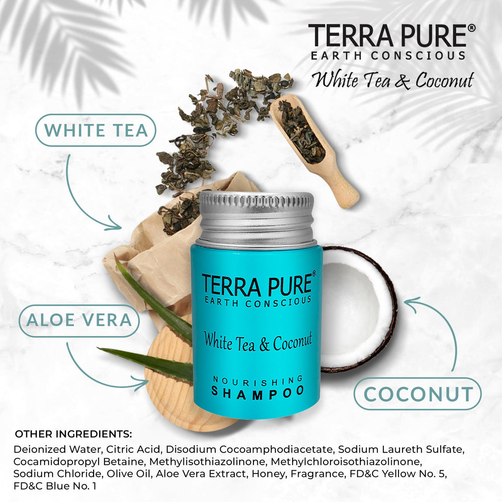 Terra Pure Travel Size Hotel Shampoo – 100 x 1 oz Bottles, White Tea & Coconut