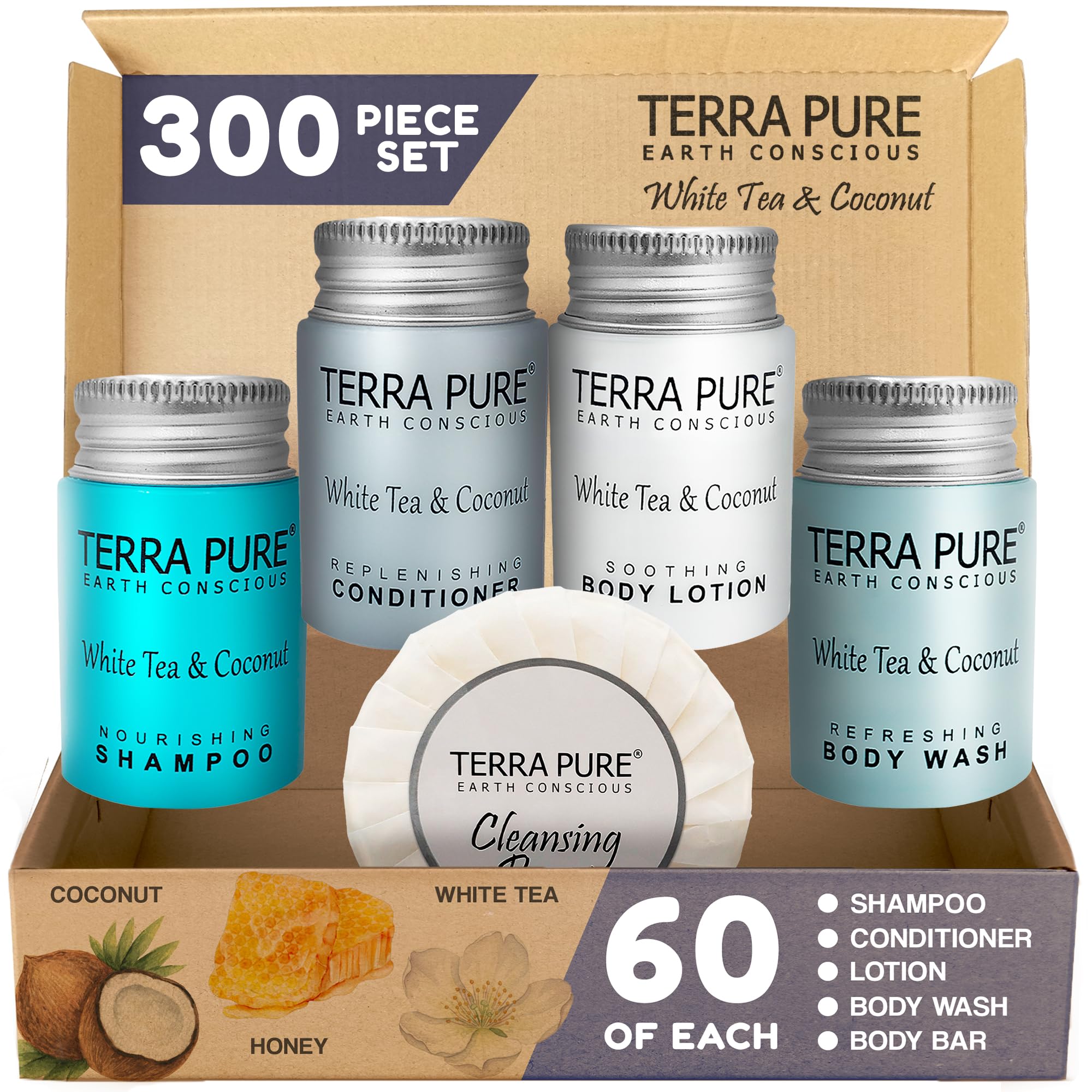 Terra Pure White Tea & Coconut Hotel Toiletries Set – 300-Piece Travel Amenities Kit