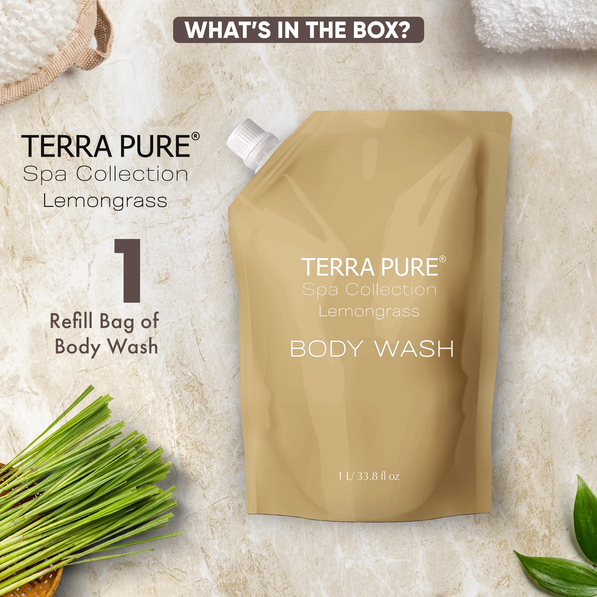 Terra Pure Spa Collection 1 Liter Body Wash Refill Bag — Luxury Hotel-Quality Amenities for Vacation Rentals & Home Bathrooms | Green Tea Lemongrass