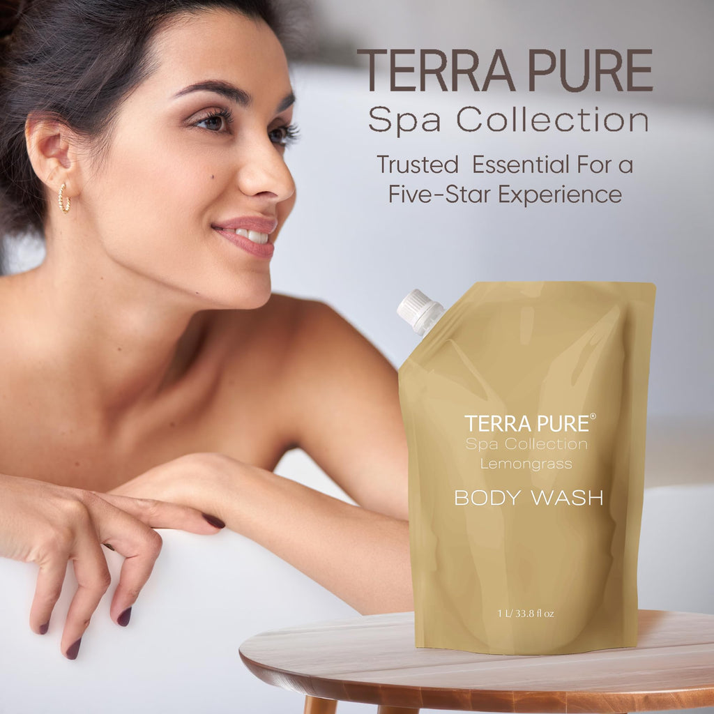 Terra Pure Spa Collection 1 Liter Body Wash Refill Bag — Luxury Hotel-Quality Amenities for Vacation Rentals & Home Bathrooms | Green Tea Lemongrass