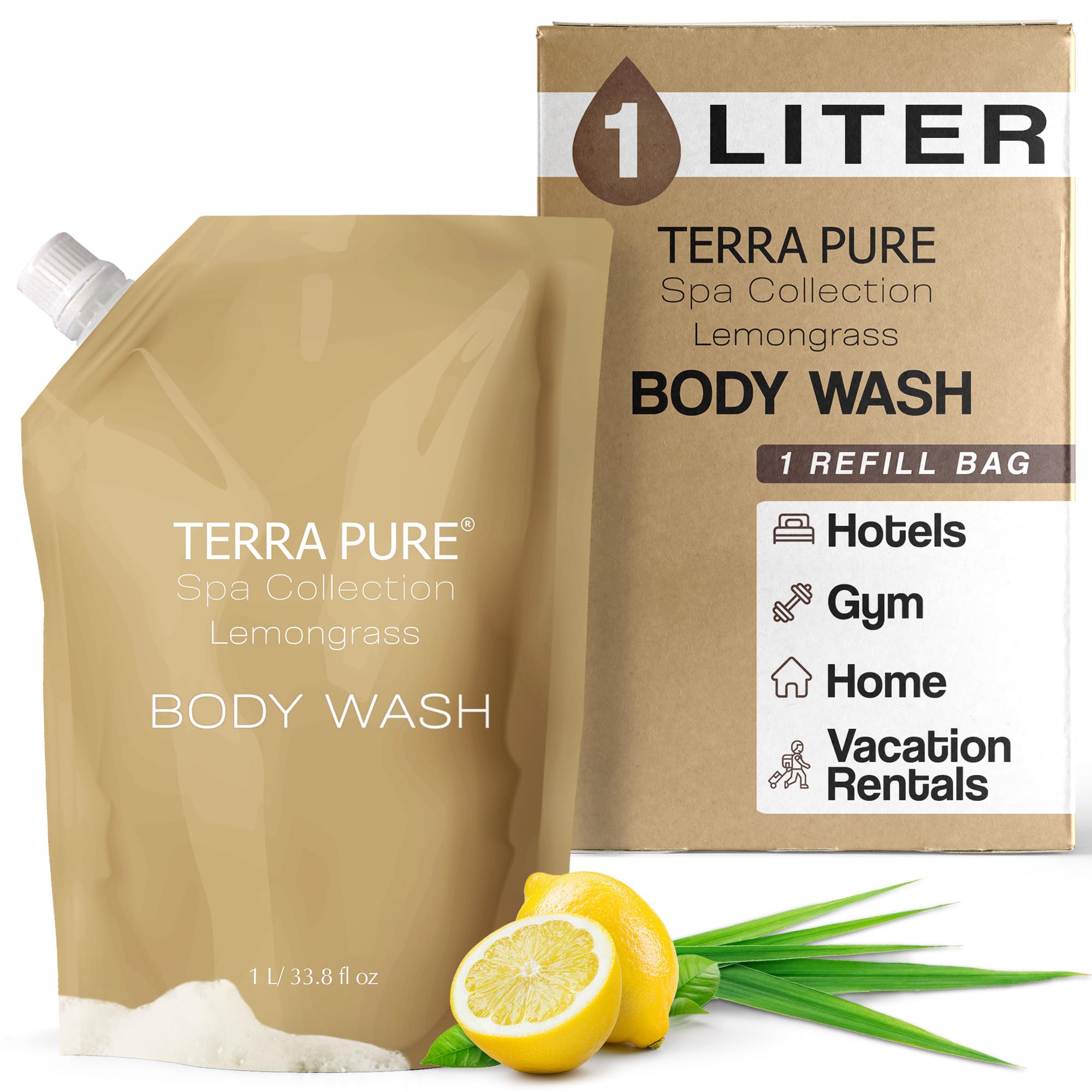 Terra Pure Spa Collection 1 Liter Body Wash Refill Bag — Luxury Hotel-Quality Amenities for Vacation Rentals & Home Bathrooms | Green Tea Lemongrass