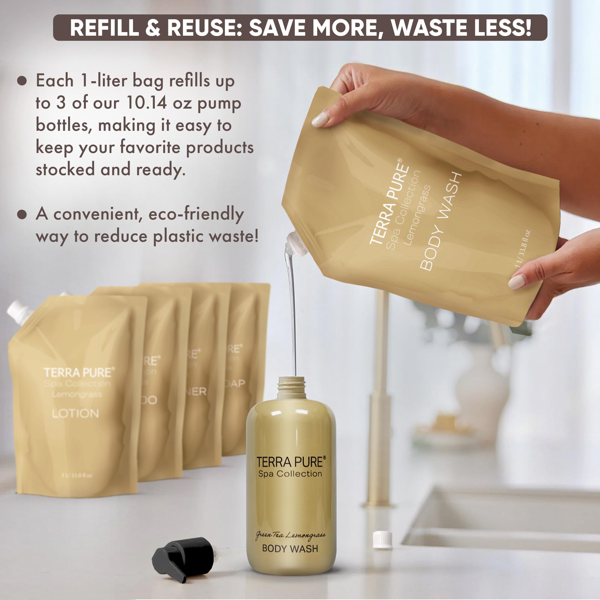 Terra Pure Spa Collection 1 Liter Body Wash Refill Bag — Luxury Hotel-Quality Amenities for Vacation Rentals & Home Bathrooms | Green Tea Lemongrass