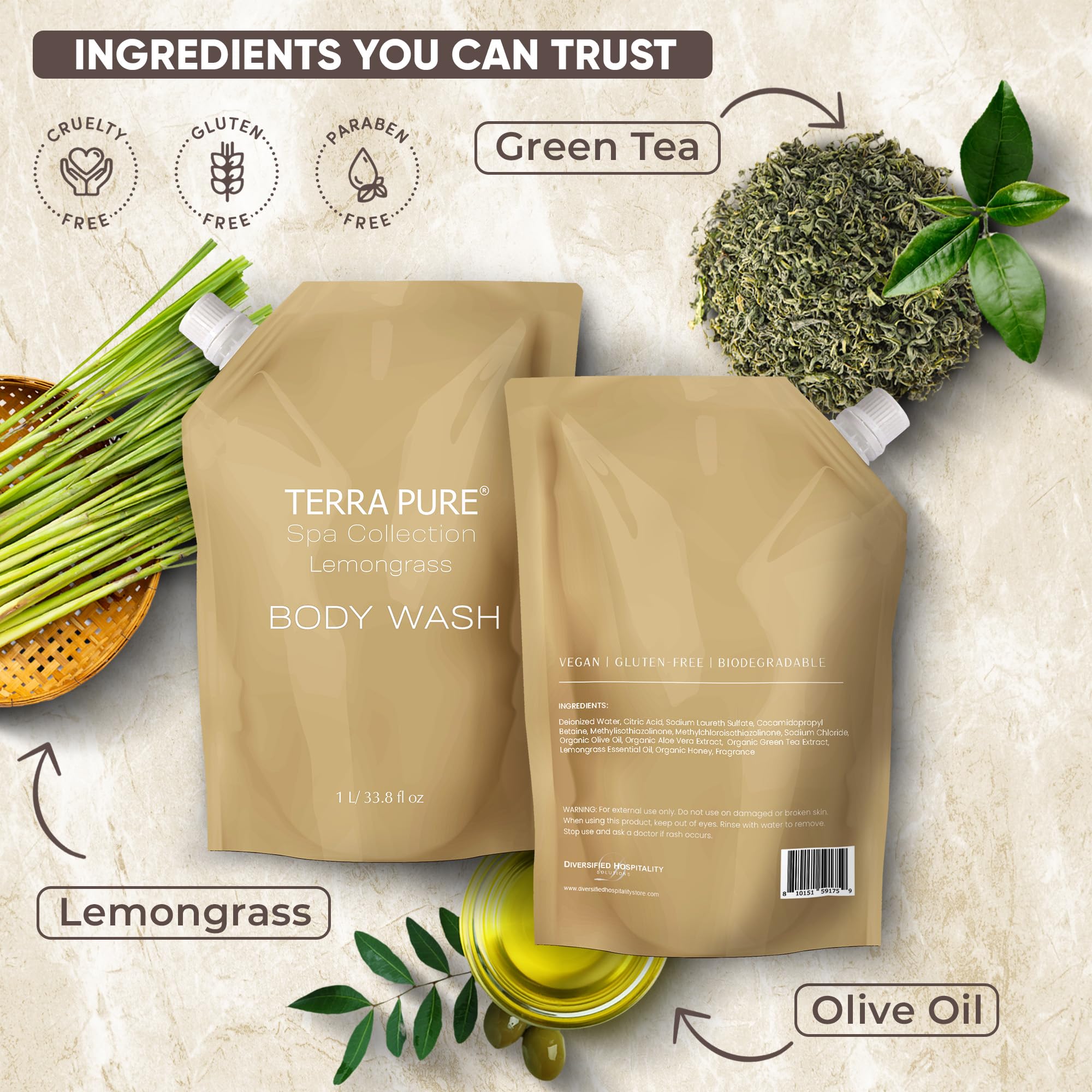 Terra Pure Spa Collection 1 Liter Body Wash Refill Bag — Luxury Hotel-Quality Amenities for Vacation Rentals & Home Bathrooms | Green Tea Lemongrass
