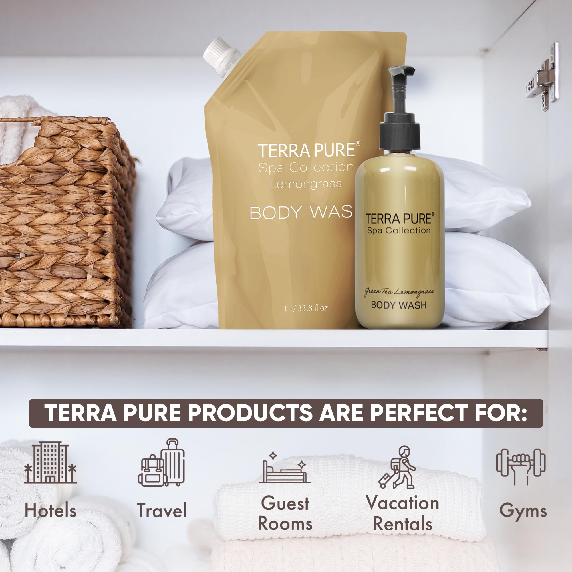 Terra Pure Spa Collection 1 Liter Body Wash Refill Bag — Luxury Hotel-Quality Amenities for Vacation Rentals & Home Bathrooms | Green Tea Lemongrass
