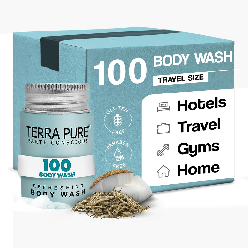Terra Pure Travel Size Hotel Body Wash – 100 Count 1 oz Bottles | Paraben Free, White Tea & Coconut, Aloe & Olive Oil