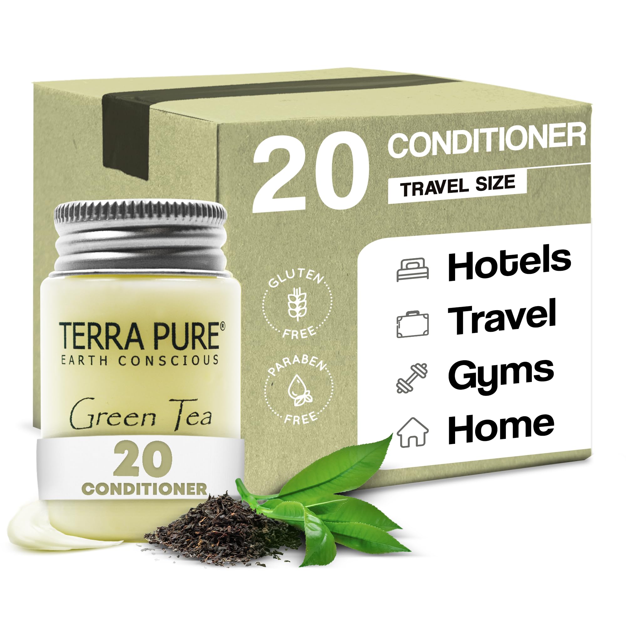 Terra Pure Travel Size Hotel Conditioner – 20 x 1 oz Bottles, Green Tea Scent, Aloe & Olive Oil