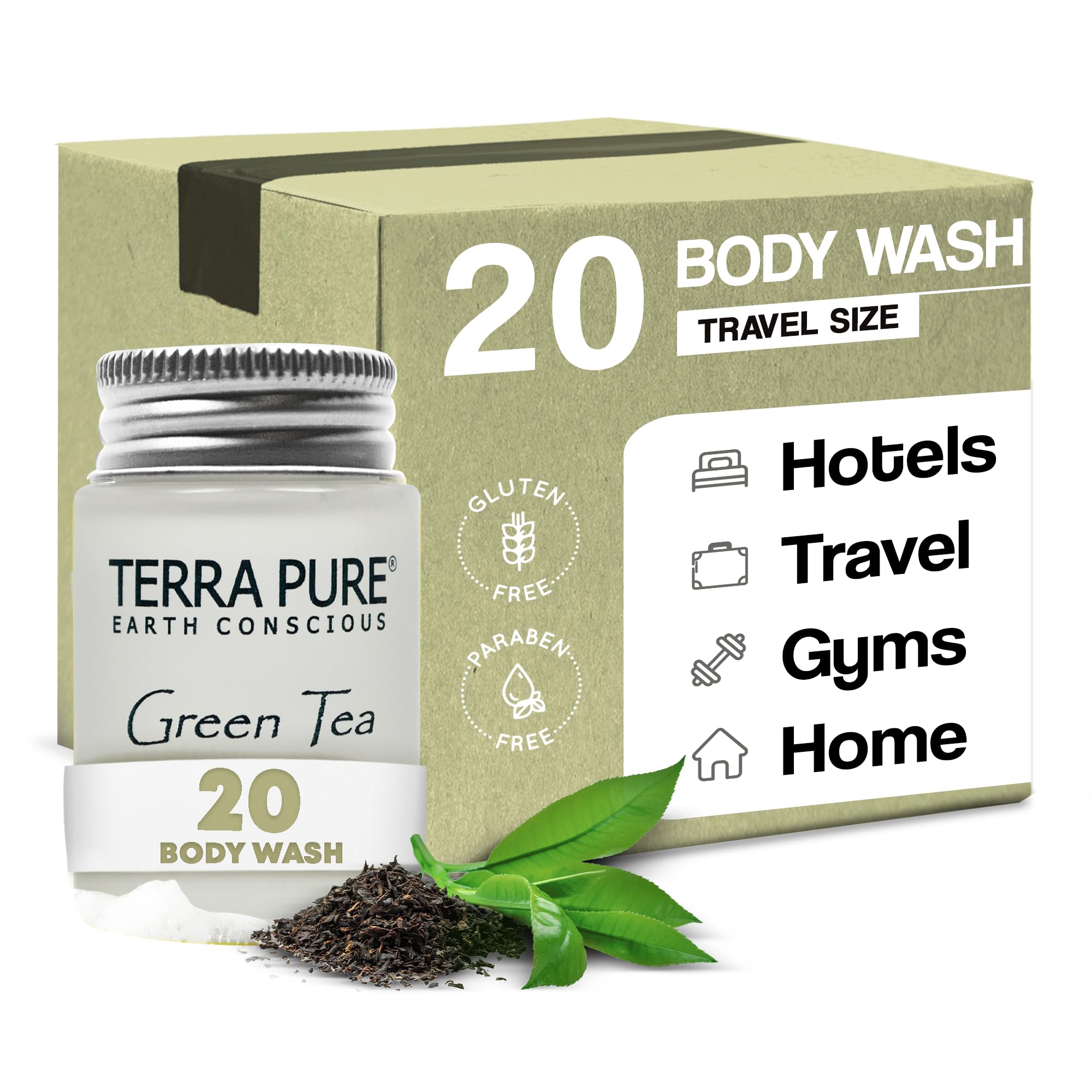 Terra Pure Travel Size Hotel Body Wash – 20 x 1oz Bottles, Green Tea, Aloe & Olive Oil