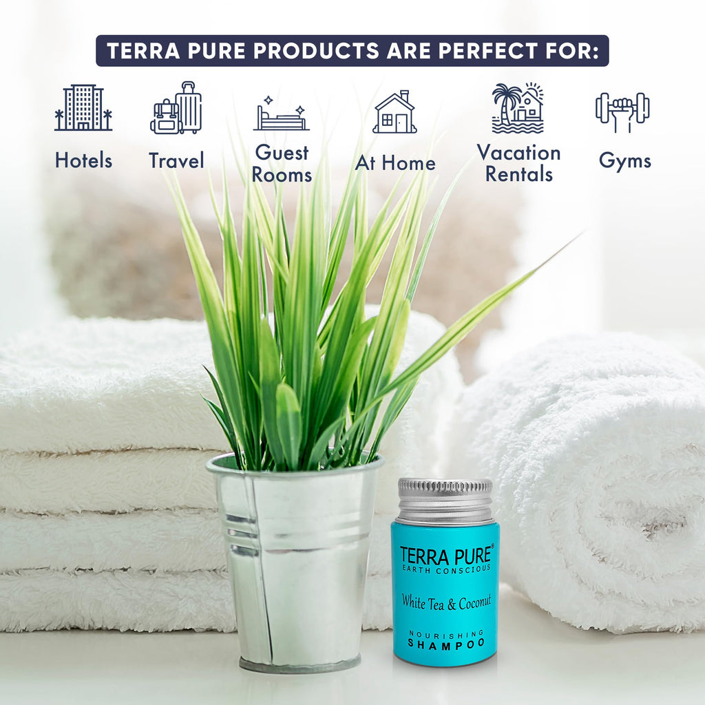 Terra Pure Travel Size Hotel Shampoo – 100 x 1 oz Bottles, White Tea & Coconut