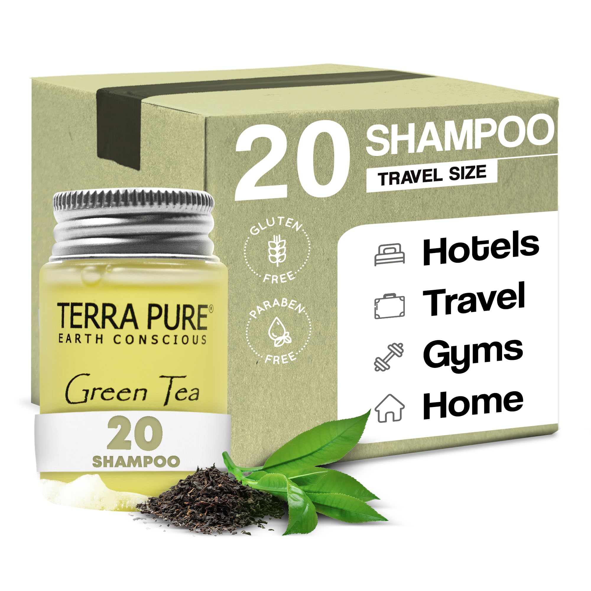 Terra Pure Travel Size Hotel Shampoo – 20 x 1oz Bottles with Green Tea
