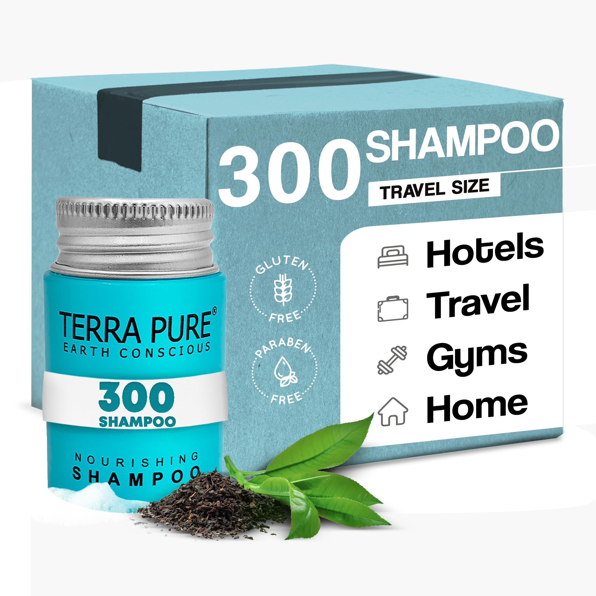 Terra Pure Travel Size Shampoo 300 x 1oz – White Tea & Coconut, Aloe Vera & Olive Oil