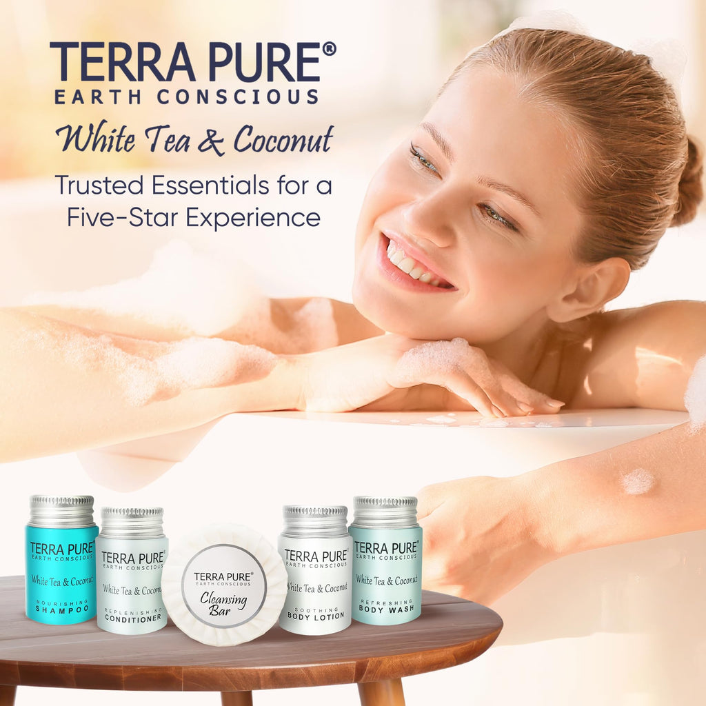 Terra Pure White Tea & Coconut Hotel Toiletries Set – 300-Piece Travel Amenities Kit
