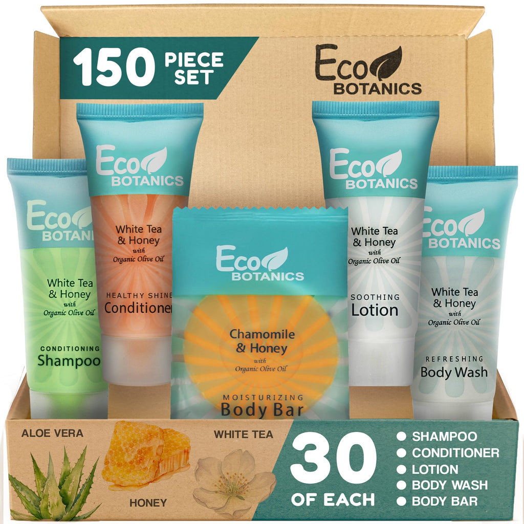 Terra Pure Travel Size Hotel Toiletry Set – 150 Count, White Tea Scent, Aloe & Olive Oil, Paraben Free