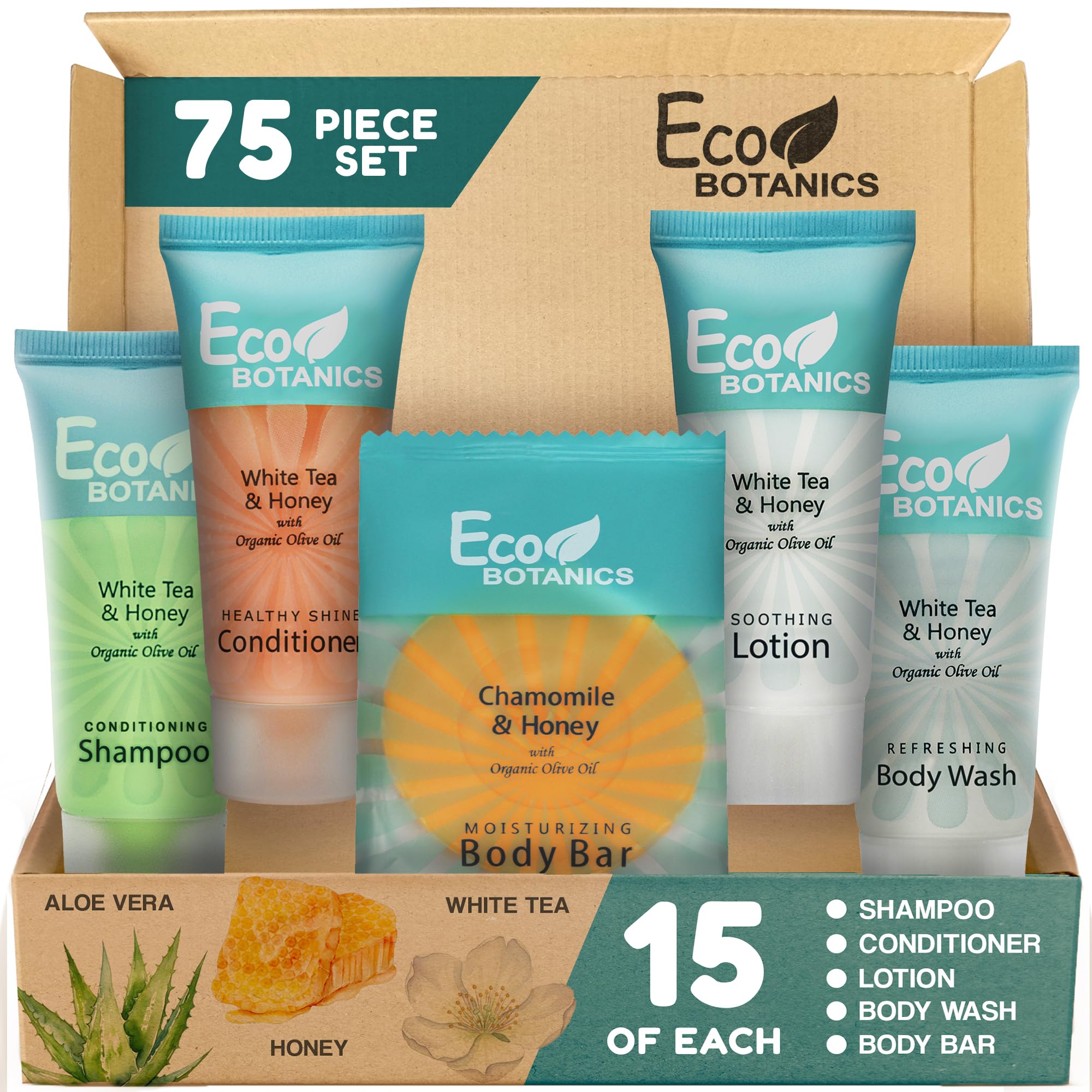 Terra Pure Travel Size Hotel Toiletry Set – 75 Count, 0.85 oz Bottles, White Tea, Aloe & Olive Oil