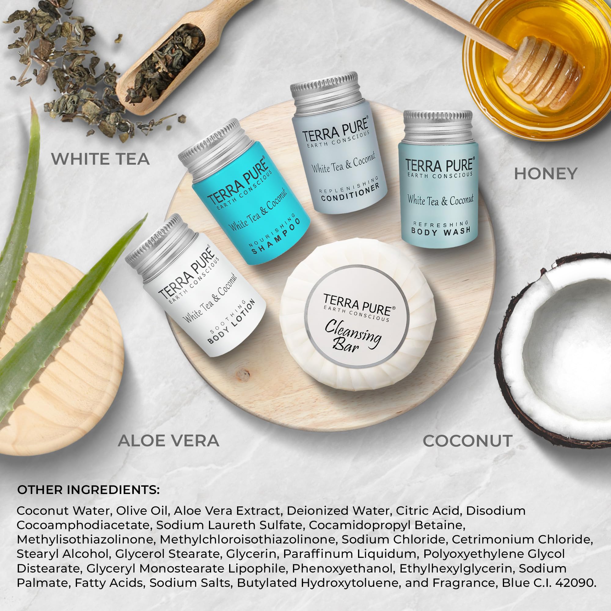 Terra Pure White Tea & Coconut Toiletries Set – 75-Piece Hotel Amenities Kit (1oz liquids, 1.25oz bar) | Hotels & Rentals