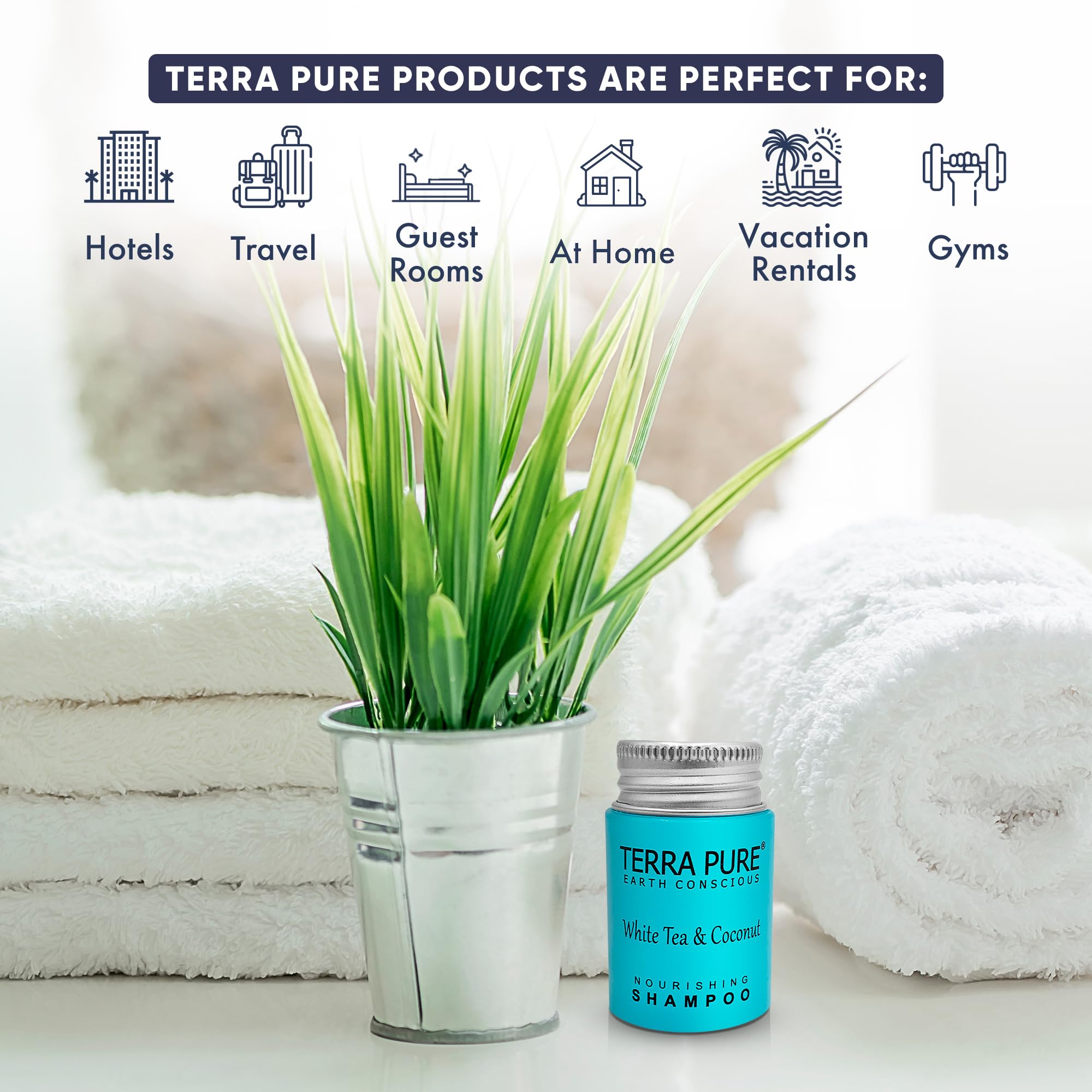 Terra Pure Travel Size Shampoo 300 x 1oz – White Tea & Coconut, Aloe Vera & Olive Oil