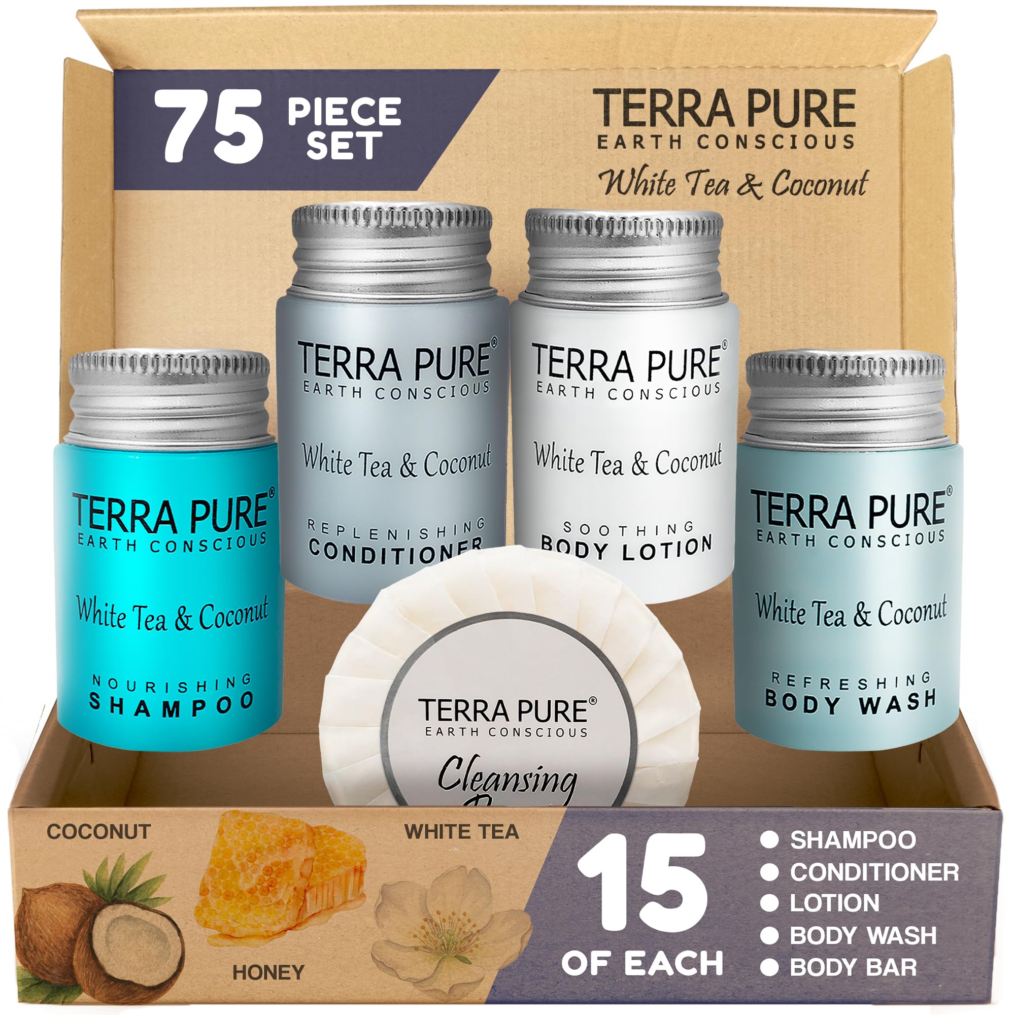 Terra Pure White Tea & Coconut Toiletries Set – 75-Piece Hotel Amenities Kit (1oz liquids, 1.25oz bar) | Hotels & Rentals