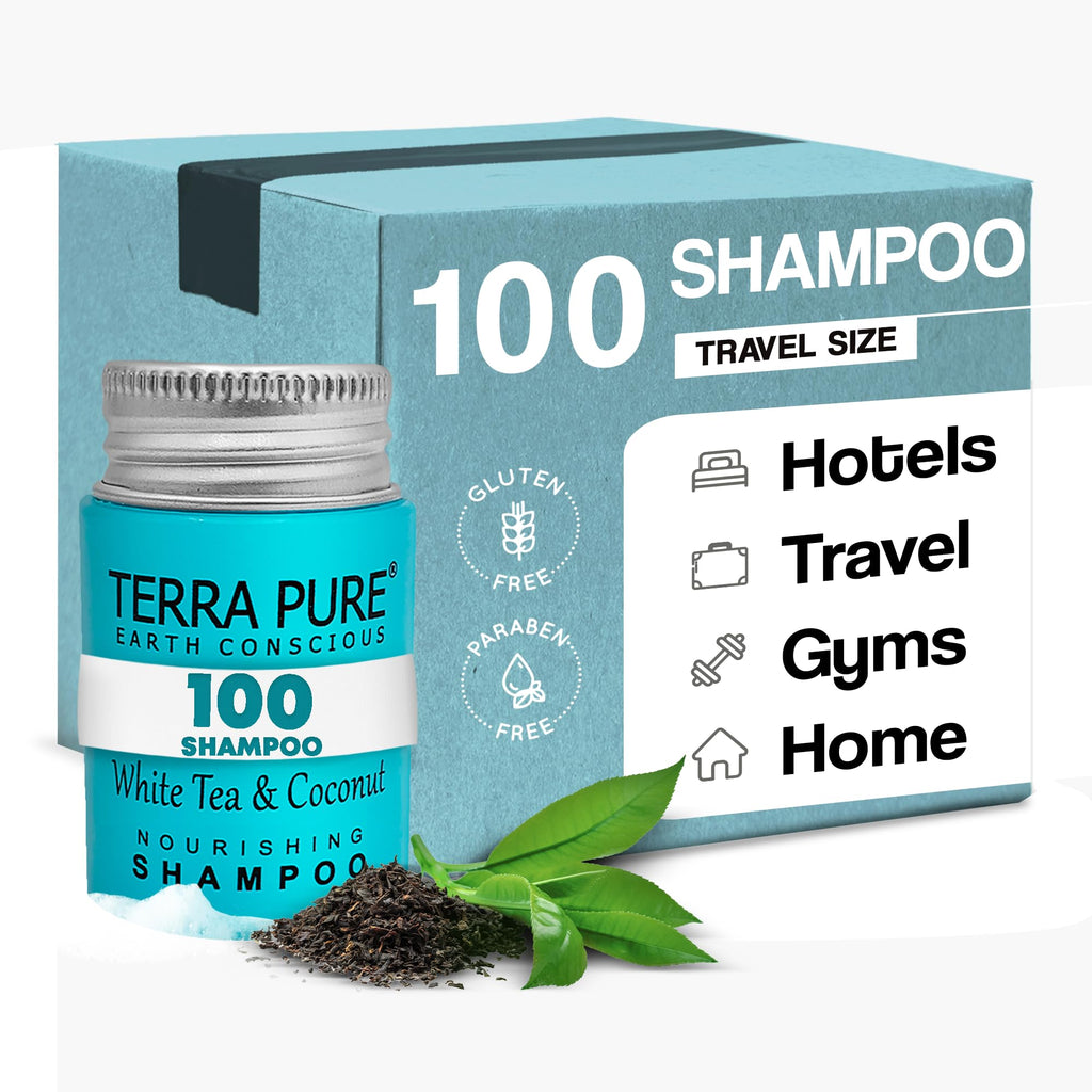 Terra Pure Travel Size Hotel Shampoo – 100 x 1 oz Bottles, White Tea & Coconut