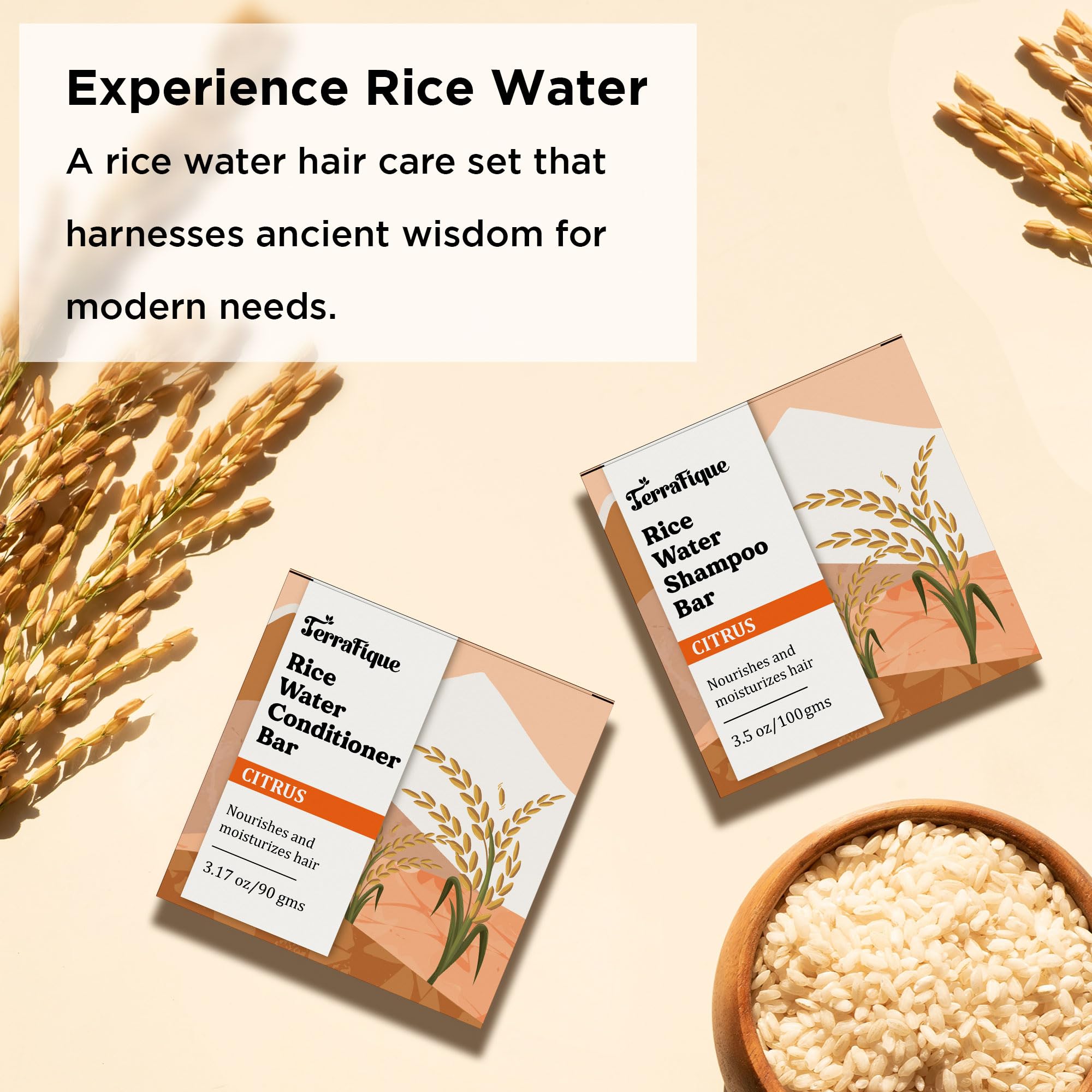 Terrafique Rice Water Shampoo & Conditioner Bar Set – Citrus, Travel-Friendly